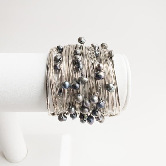 Wide Wire Wrapped Bangle Cuff Bracelet With Black Peacock Freshwater Pearls NWT - Picture 2 of 14